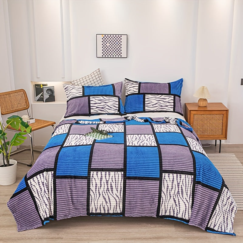 A cozy fleece blanket with whimsical stripes, ideal for snuggling up at work or having a quick snooze.