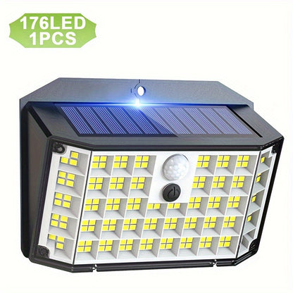 "Solar motion sensor light with 176 LEDs for outdoor use. Has 3 lighting modes for yard, path, and garage.