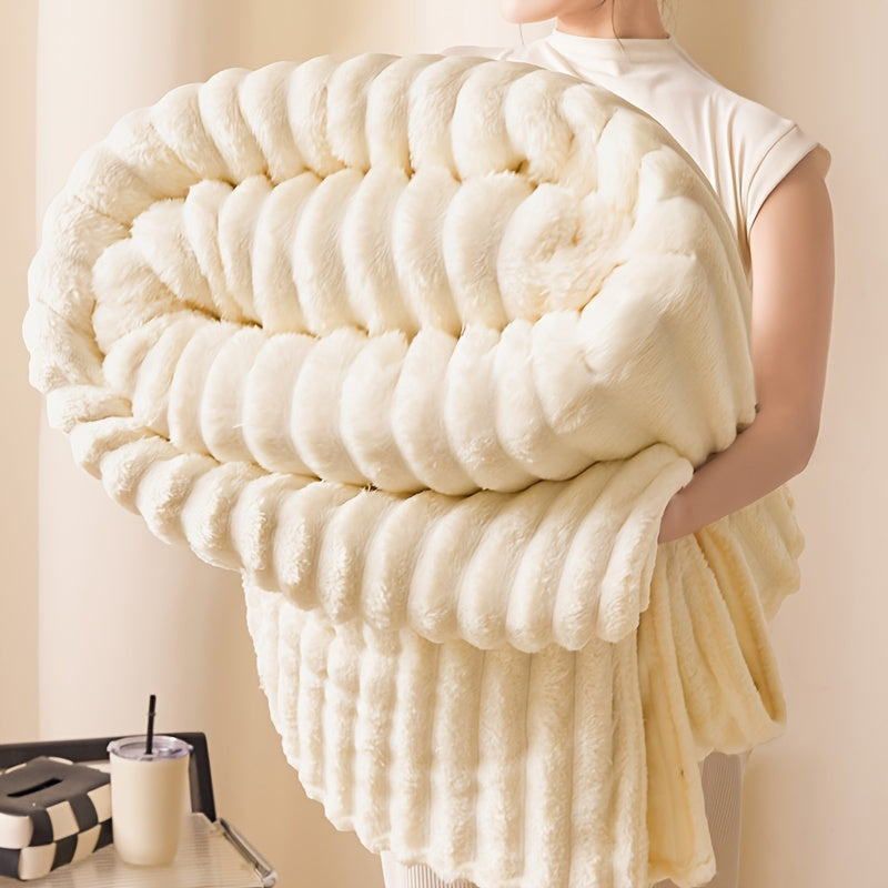 Soft and Cozy Faux Rabbit Fur Blanket - Luxurious Striped Throw made of Durable Flannel Material for Sofa, Bed, Office, Camping. All-Season Comfort with Modern Cream/White Design for Versatile Use. Machine Washable for Easy Care and Tear-Resistant for