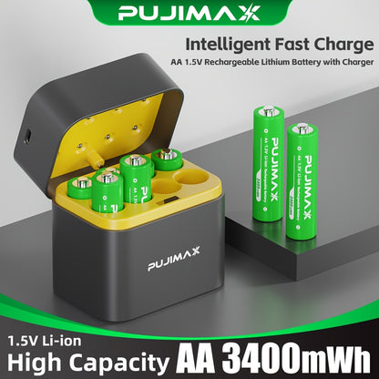 8pcs PUJIMAX 3400mWh lithium battery bundle with all-in-one yellow charging box. Supports only 1.5V rechargeable lithium batteries.