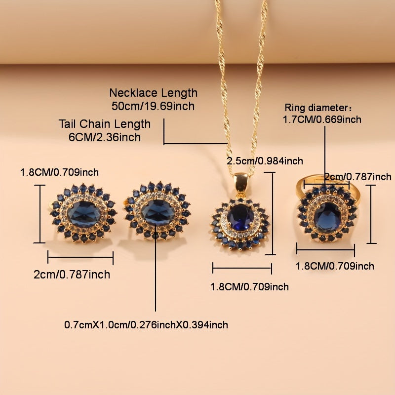 Sophisticated 4-Piece Wedding Jewelry Set: Featuring Synthetic Blue Sapphire Earrings, Ring, and Pendant Necklace with Plating