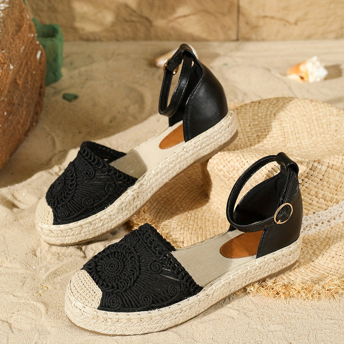 Women's straw woven platform sandals with closed toe and ankle straps, perfect for vacation.