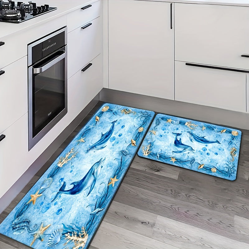 Set of two kitchen floor mats in flannel material, a toilet floor mat, a bathtub edge foot mat, an absorbent bedroom floor mat, a living room carpet, a coffee table floor mat, a balcony floor mat, a bay window floor mat, a door mat, a printed floor mat