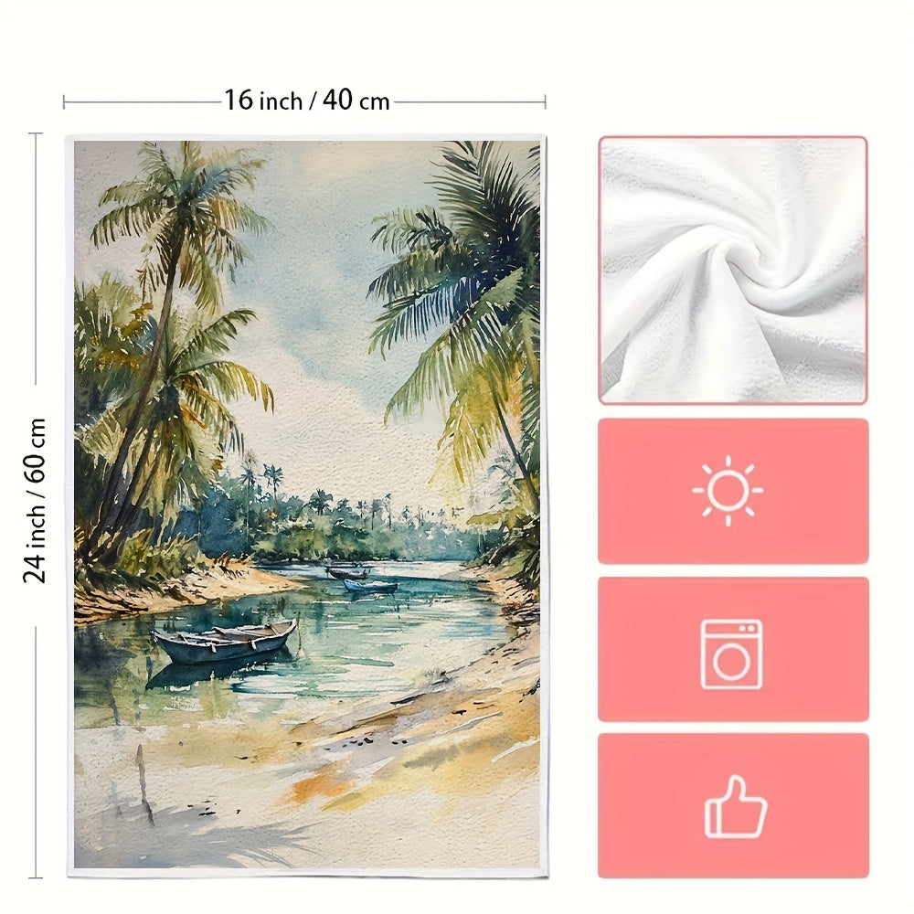 Two pieces of Tropical Lagoon Kitchen Towels made from super absorbent polyester knit fabric. Machine washable with a contemporary coastal style. Each towel measures 40.64x60.96 cm. Item number: 2KYSYS1218413.