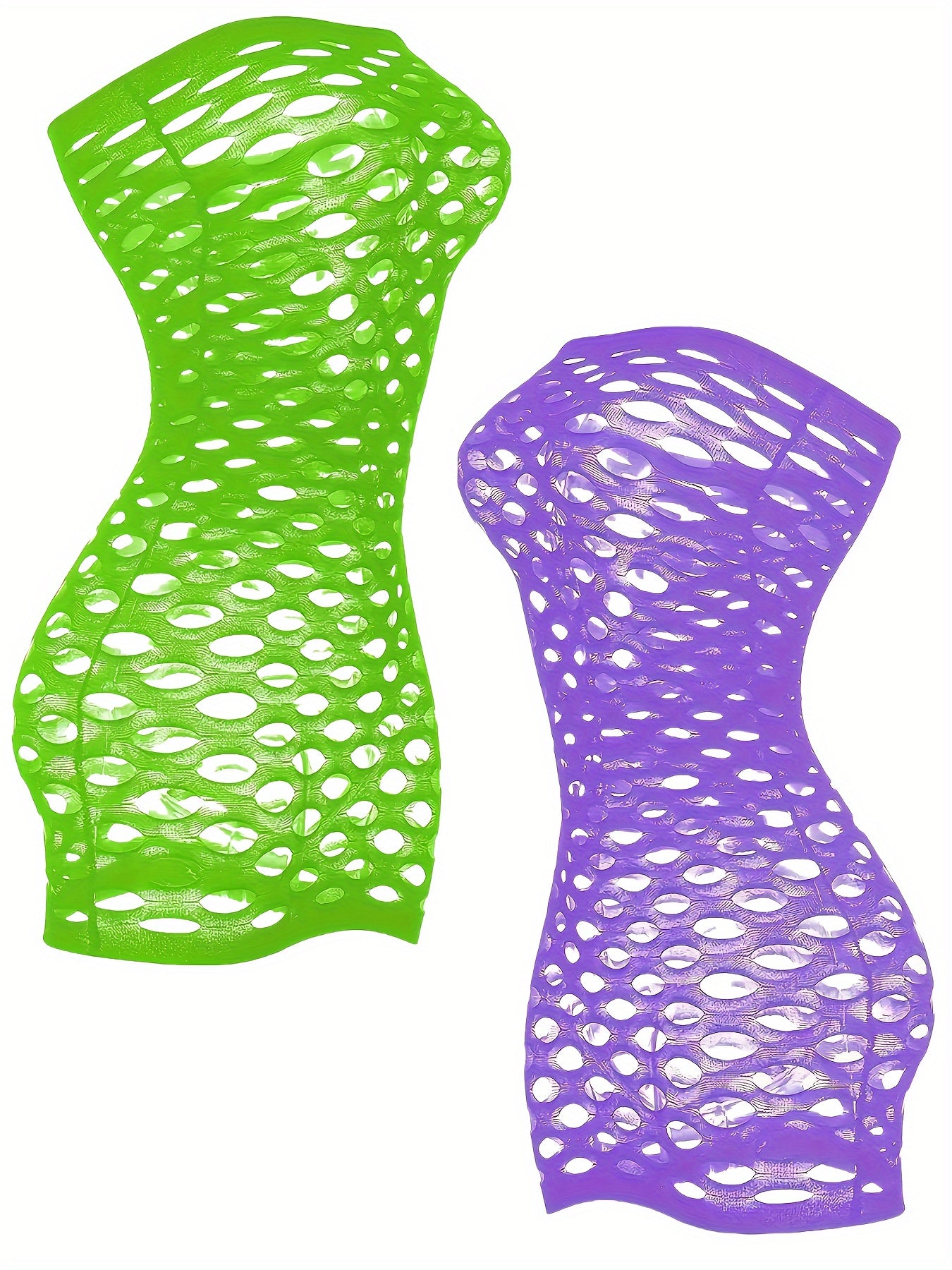 2 European-style sleeveless mesh dresses with sexy bra and hip fishnet design.