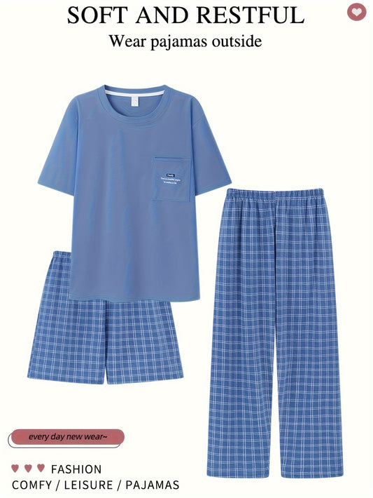 Men's 3-piece pajama set with short-sleeved crew neck top, front pocket, checkered shorts, and long pants for year-round home comfort.