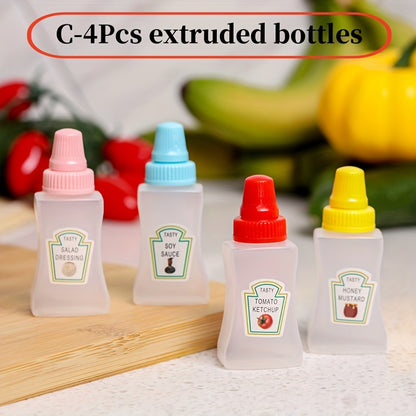 Set of 4 mini sauce bottles for condiments and spices, ideal for lunches, picnics, and kitchen use.