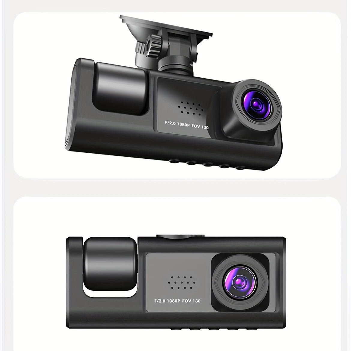 3-camera HD dash cam with 5.08cm screen, front & rear view, rechargeable battery, easy suction cup mount for cars, PC compatible, sleek design, and rechargeable device.