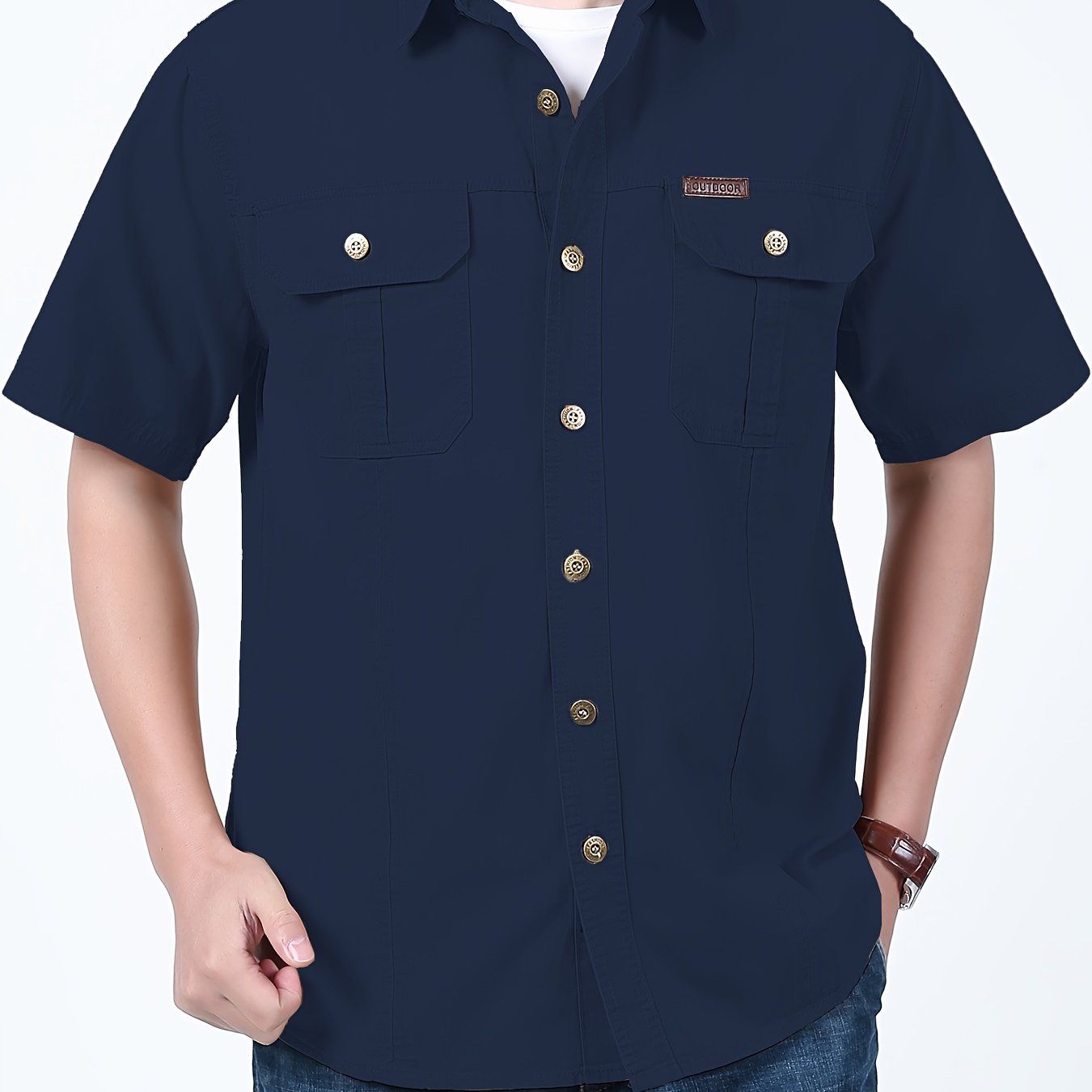 Men's summer casual cotton cargo shirt with solid color, short sleeve, regular fit, lapel collar, double pocket, non-stretch woven fabric, 170gsm - perfect for weekend casual wear.