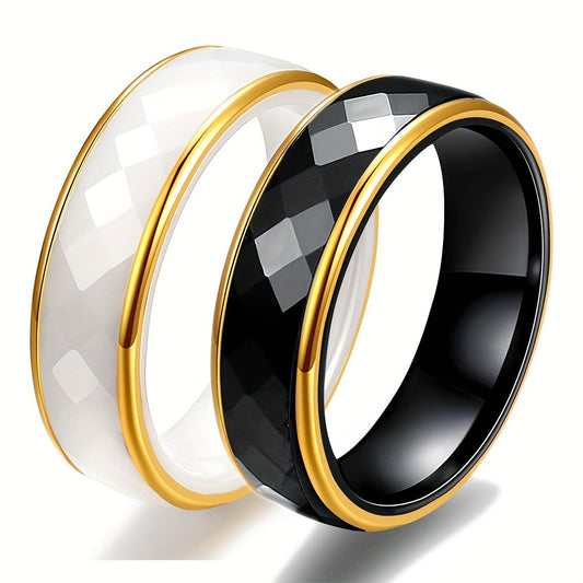 Stylish 6mm Wide Stainless Steel Black and White Ceramic Prismatic Faceted Ring, Perfect for Men and Women with a Minimalist Personality, Ideal for Everyday Wear, showcasing an Elegant and Versatile Temperament