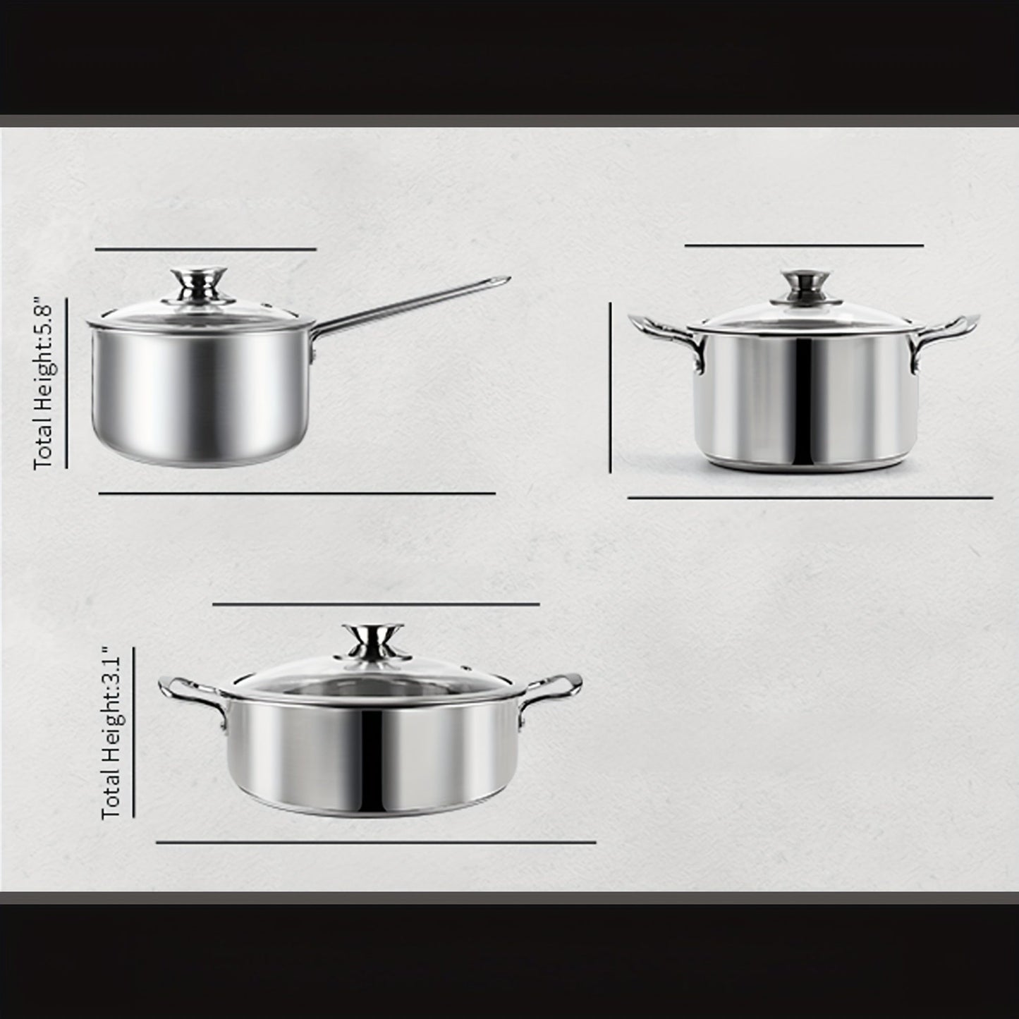 Six-piece stainless steel cookware set including nonstick induction-compatible pots and pans. Dishwasher safe with saucepans and stockpots. Suitable for use on gas, electric, and induction cooktops.