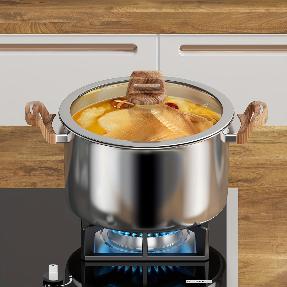 Five-layer composite steel pot for the kitchen, made of thickened food-grade 316 stainless steel. Non-stick and induction cooktop compatible. Features a deep soup pot and thickened steamer with 304 stainless steel lid. Ideal for cooking noodles