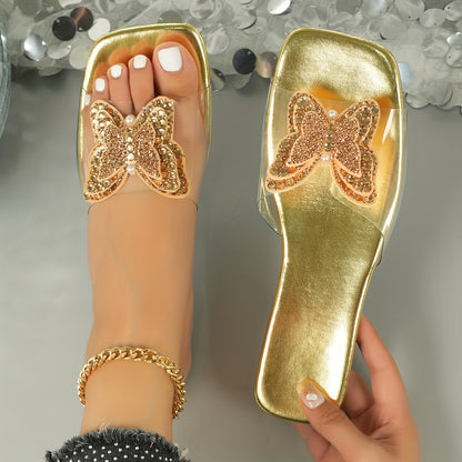 Women's Rhinestone Butterfly Flat Sandals, Open Toe Summer Shoes, Elastic Band Sandals