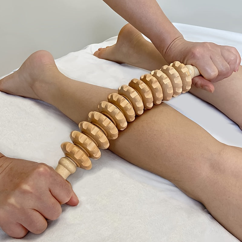 1pc wooden handheld roller with 12 rollers for muscle tension relief in back, hands, and legs.