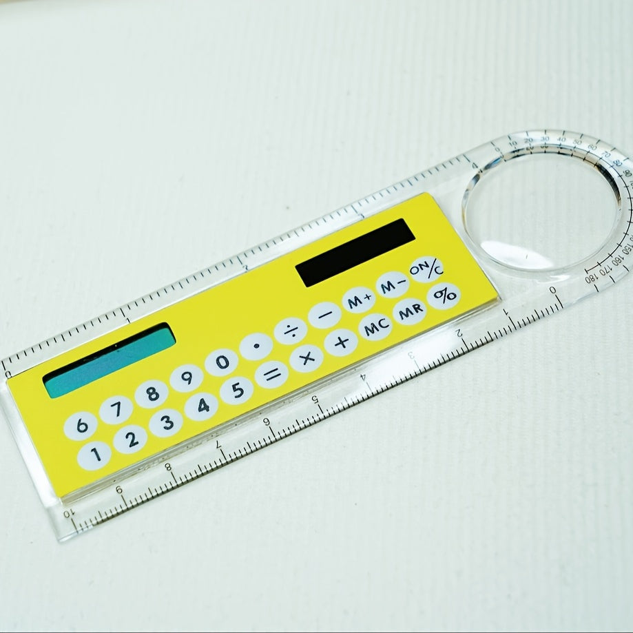 Mini Ultra-Thin Solar Calculator Ruler with Magnifying Glass - 10cm School/Office Supplies