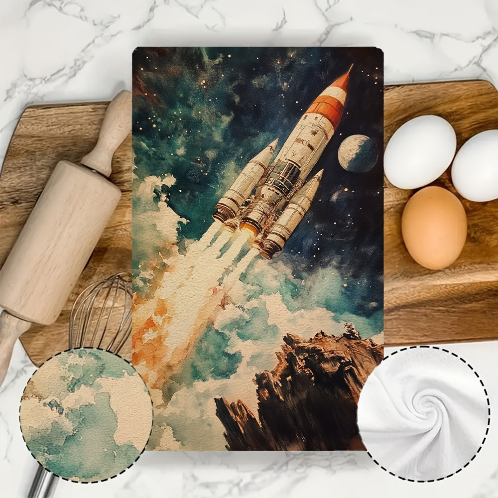 This pair of ultra-soft kitchen towels is adorned with NASA's Grand Tour of Space Tourism, making them a unique and eye-catching addition to your kitchen decor. Not only are these towels highly absorbent, but they are also machine washable for easy care.