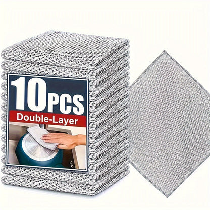 Get a pack of 10/20 stainless steel double-layer wire dishcloths that are perfect for a variety of cleaning tasks. These non-scratch, non-stick, and oil-free cloths can be used on stove surfaces, pots, range hoods, and more. They are versatile mesh