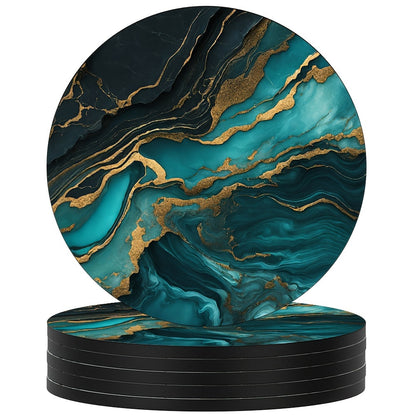 6 golden marbled coasters with absorbent rubber and non-slip backing, perfect for home decor or as a housewarming gift, each 10.16 cm in diameter.