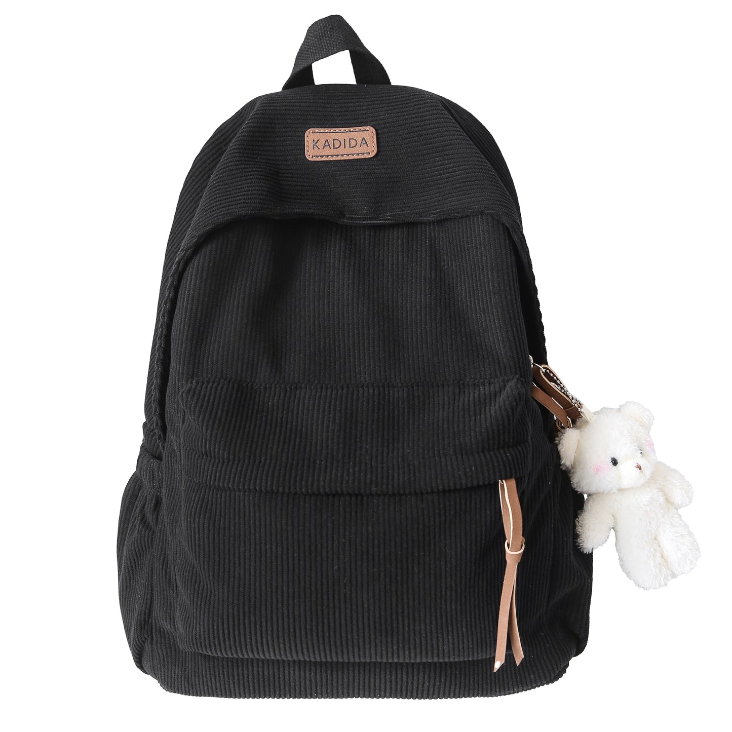 Large capacity women's corduroy backpack with cute bear pendant, ideal for high school and junior high.