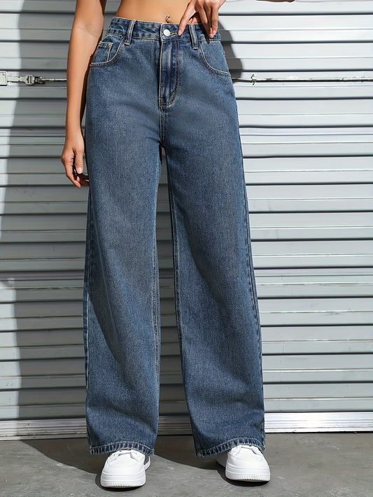 Women's plain washed blue loose fit jeans with slash pockets, perfect for casual autumn wear.