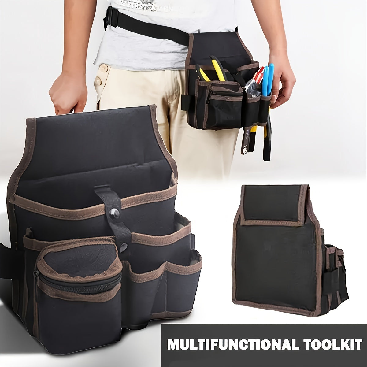 Single pack of durable black electrician tool belt with multiple pockets for hanging on waist, suitable for hand washing.