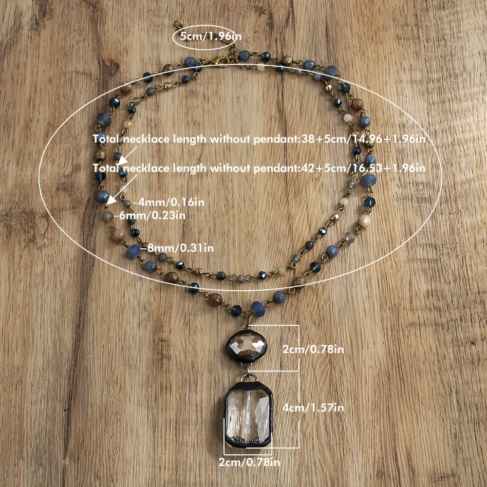 New tribal style necklace featuring two layers of natural stone crystals and glass chains, with a square glass pendant designed for daily wear by both men and women during the spring and summer seasons.