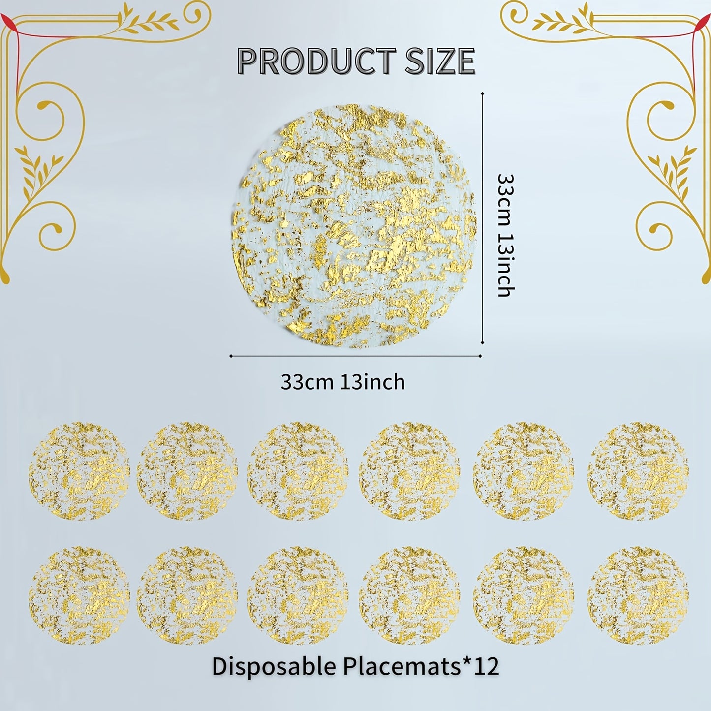 12 piece set of golden metal circle disposable placemats, perfect for dining tables, weddings, birthdays, parties, holidays, and home decor.