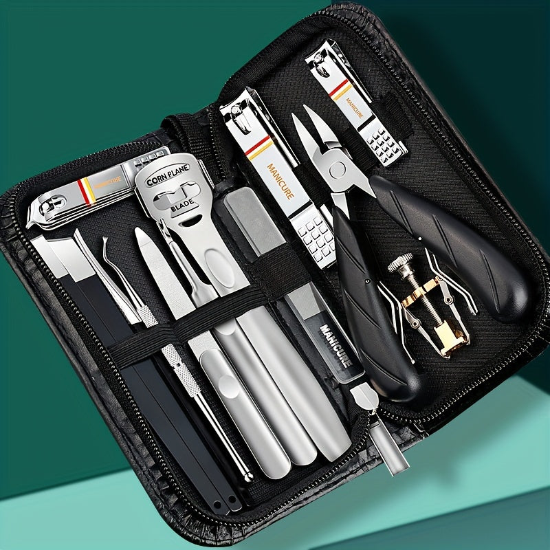 14-piece stainless steel pedicure kit with storage case, suitable for both home and salon use. Ideal for men and women.