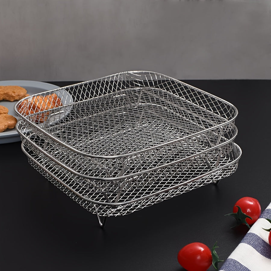 Set of stainless steel air fryer accessories includes a versatile stackable rack, dehydrator stand, BBQ basket, grilling rack, oil brush, and food tongs. Compatible with square air fryers, this kit comes in a 1/3 piece set.