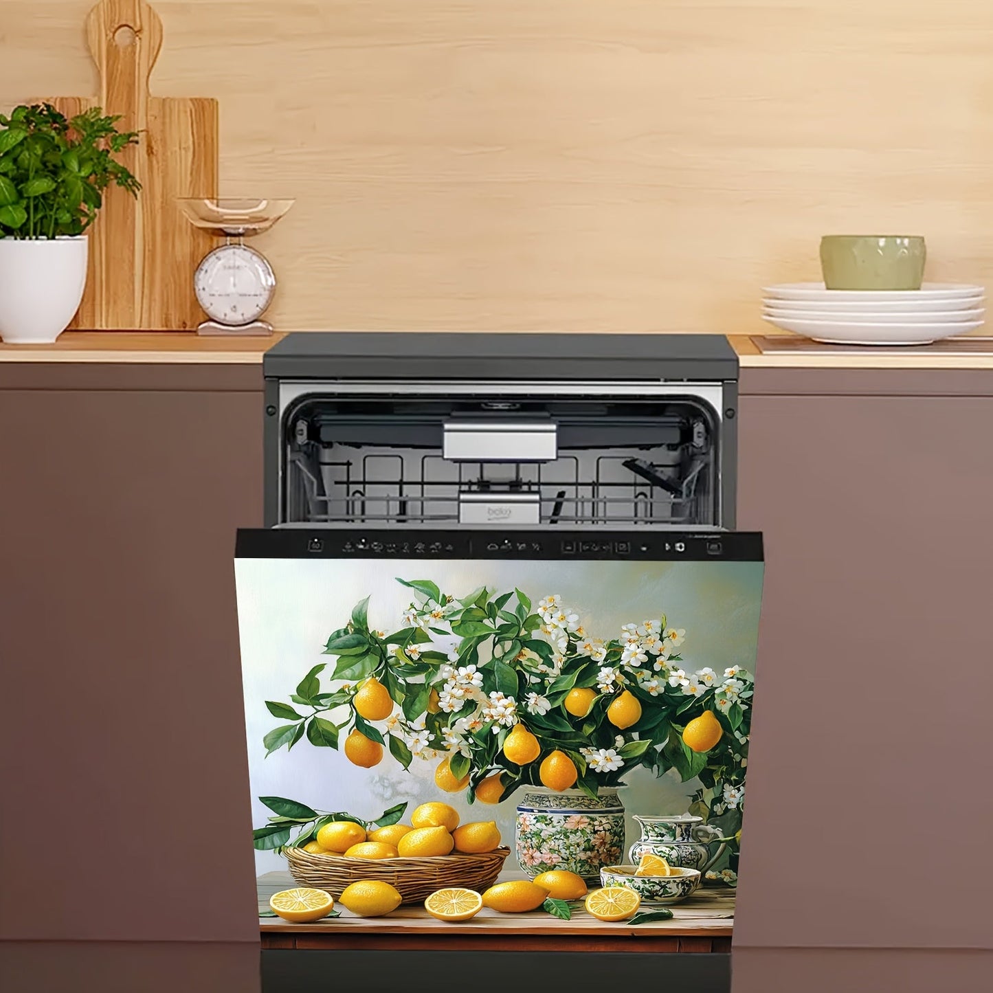 Decorate your kitchen with this lemon bouquet magnetic cover! This waterproof and heat-resistant sticker is perfect for your dishwasher, refrigerator door, or electrical panel. Easy to clean and no electricity required, this sticker measures 58.5 x 65.0