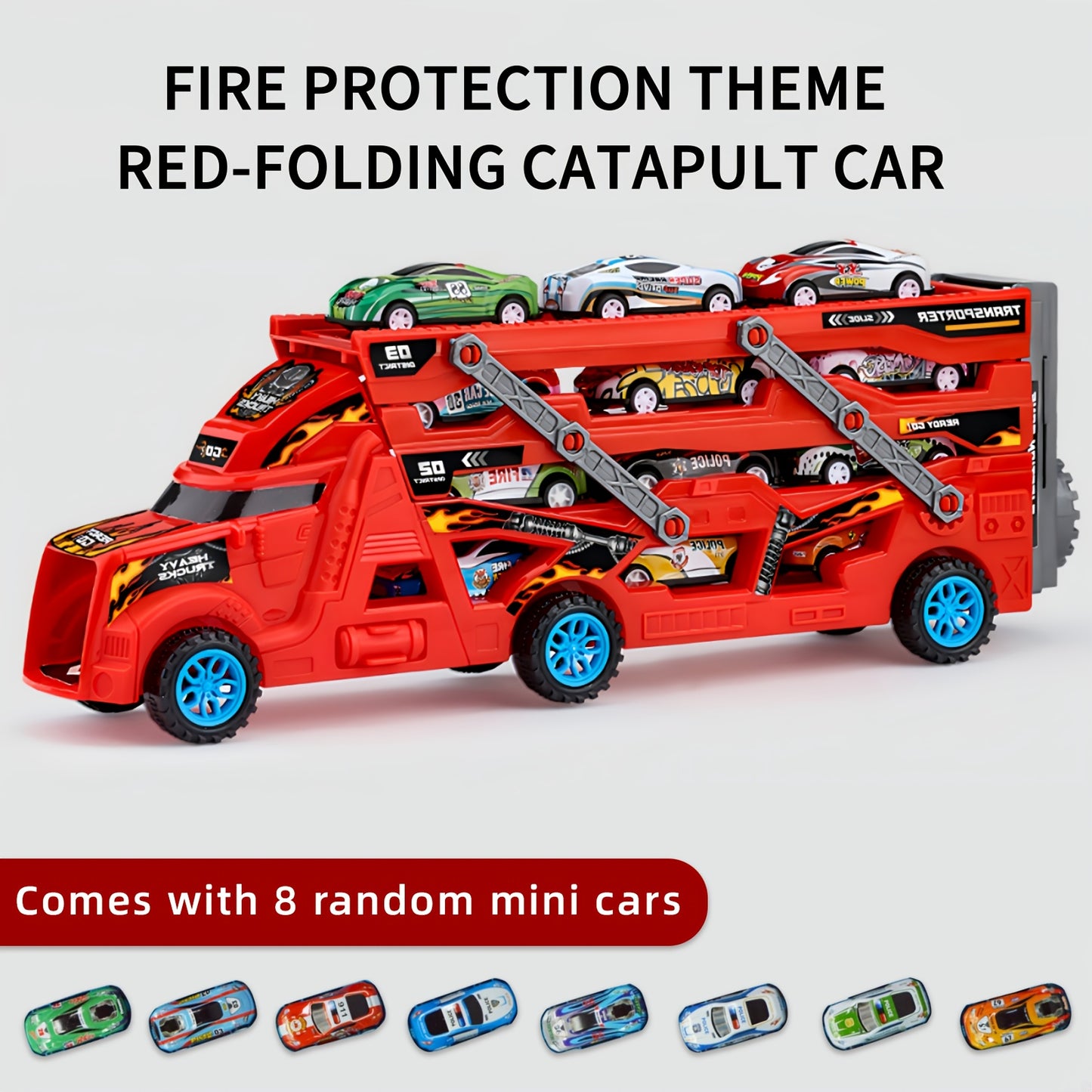 EOHEMERAL Firefighter Catapult Track Car with Transformable, Foldable design, includes 8 Bonus Mini Cars - Ideal Gift for Kids.