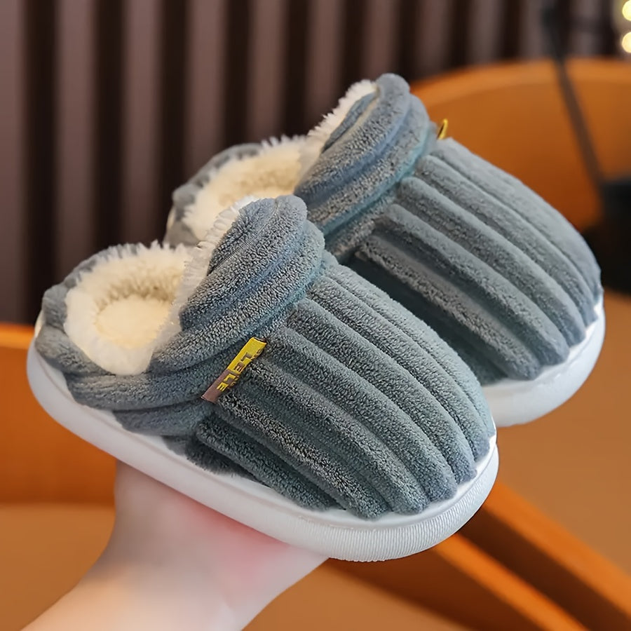 Cozy fleece-lined slippers for kids with fabric upper and EVA outsole, soft sole striped home shoes.