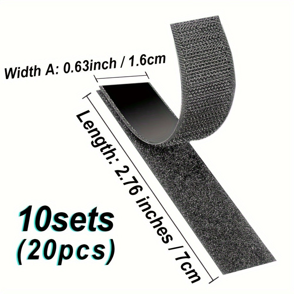 10 Sets (20 pcs) of adhesive-backed hook and loop tape strips for heavy duty use in classrooms, homes, and offices. Ideal for securing items such as carpets, sofas, couch cushions, rugs