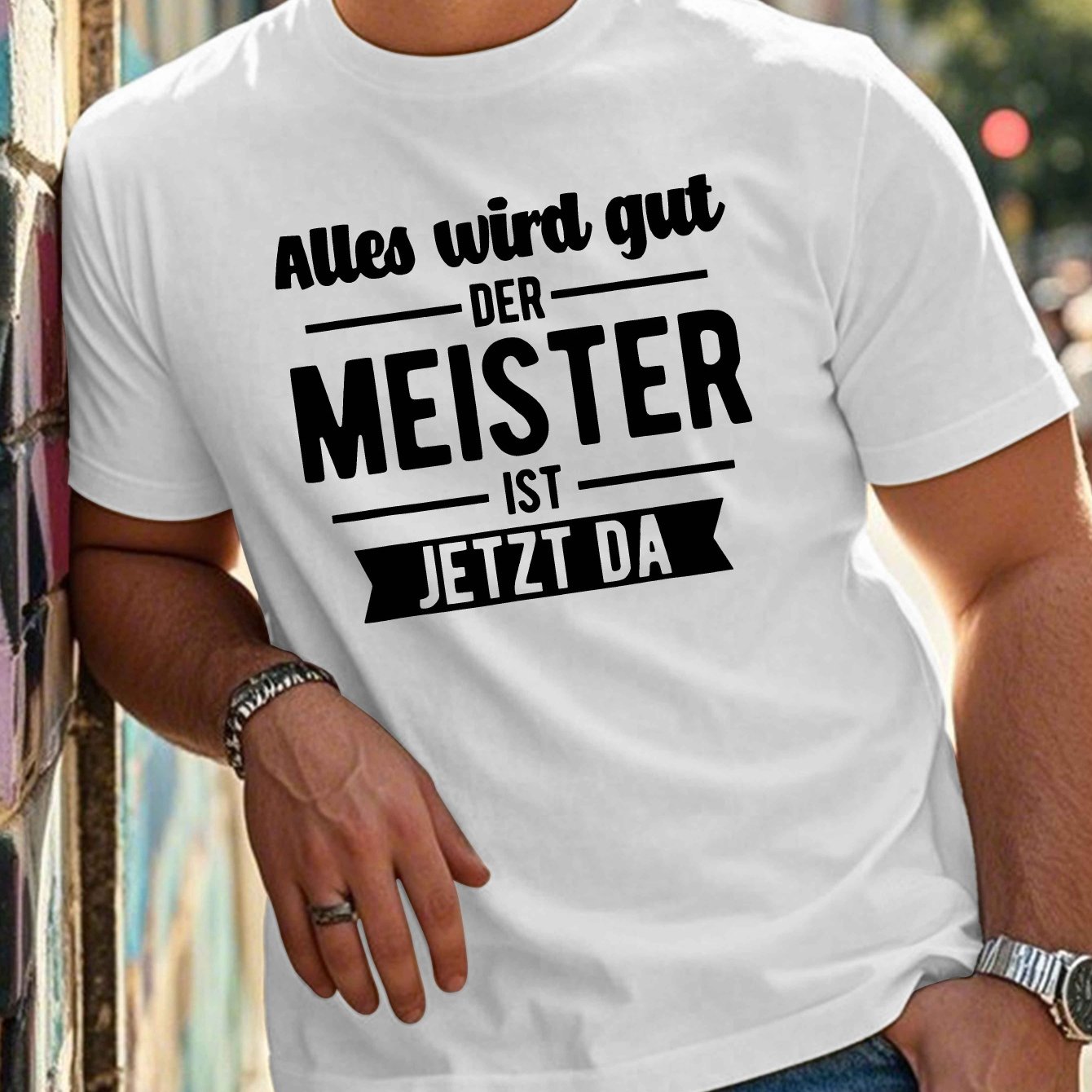 Dark gray crew neck T-shirt for plus-sized men, with funny German quote. Made of 100% polyester, ideal for summer wear and machine washable.