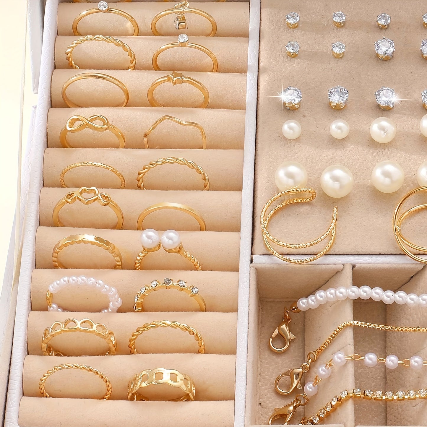 Chic jewelry set featuring 83 rings, stud earrings, necklaces, and bracelets adorned with inlaid faux pearls. Perfect for matching daily outfits, accessorizing parties, or adding a touch of style to casual dating attire. (Note: Does not come with a box)