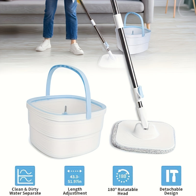 Lazy Mop Set: Includes Square Household Mop with Bucket and 2 Mops, No Hand Washing Needed, Separate Buckets for Clean and Dirty Water