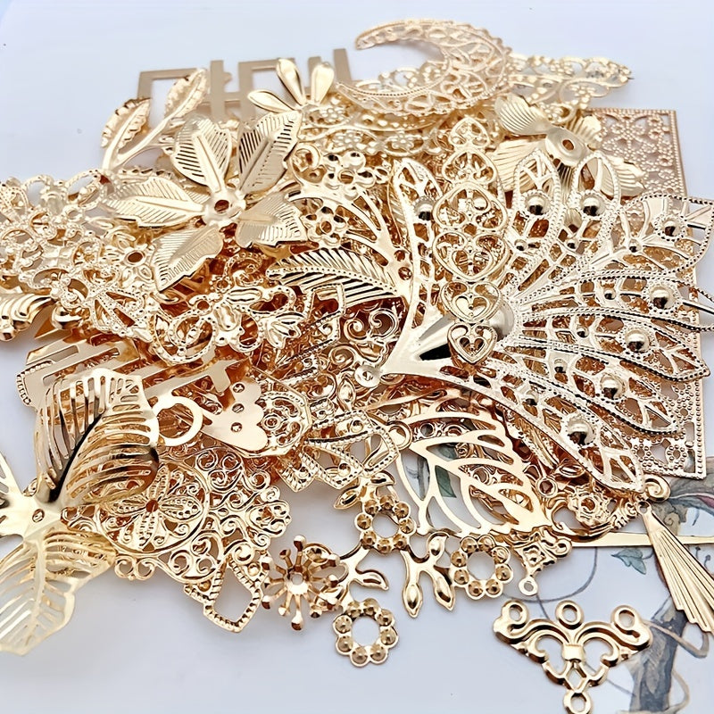 A set of 50g of white, golden, and silvery alloy charms featuring a mix of carved flower and leaf designs. Perfect for crafting pendant necklaces and other DIY jewelry projects. Get your hands on these unique and stylish supplies for making accessories.