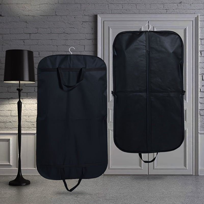 This durable black garment cover is perfect for protecting your clothes in the closet or while traveling. Featuring a strong handle and zippered closure, this dust-proof and moisture-proof suit bag is an ideal home and travel essential. Clothing