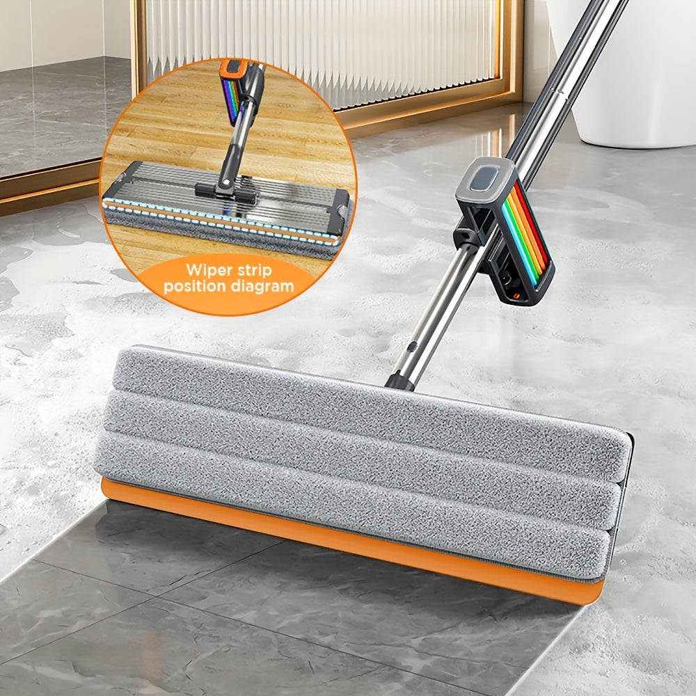 Rainbow Self-Wringing Flat Mop with 360° Hands-Free Washing, Stainless Steel Handle, 4 Reusable Microfiber Pads - Ideal for Living Room, Bedroom, Bathroom, Kitchen Floor Cleaning - Plastic Wet & Dry Mop measuring 45.21cm