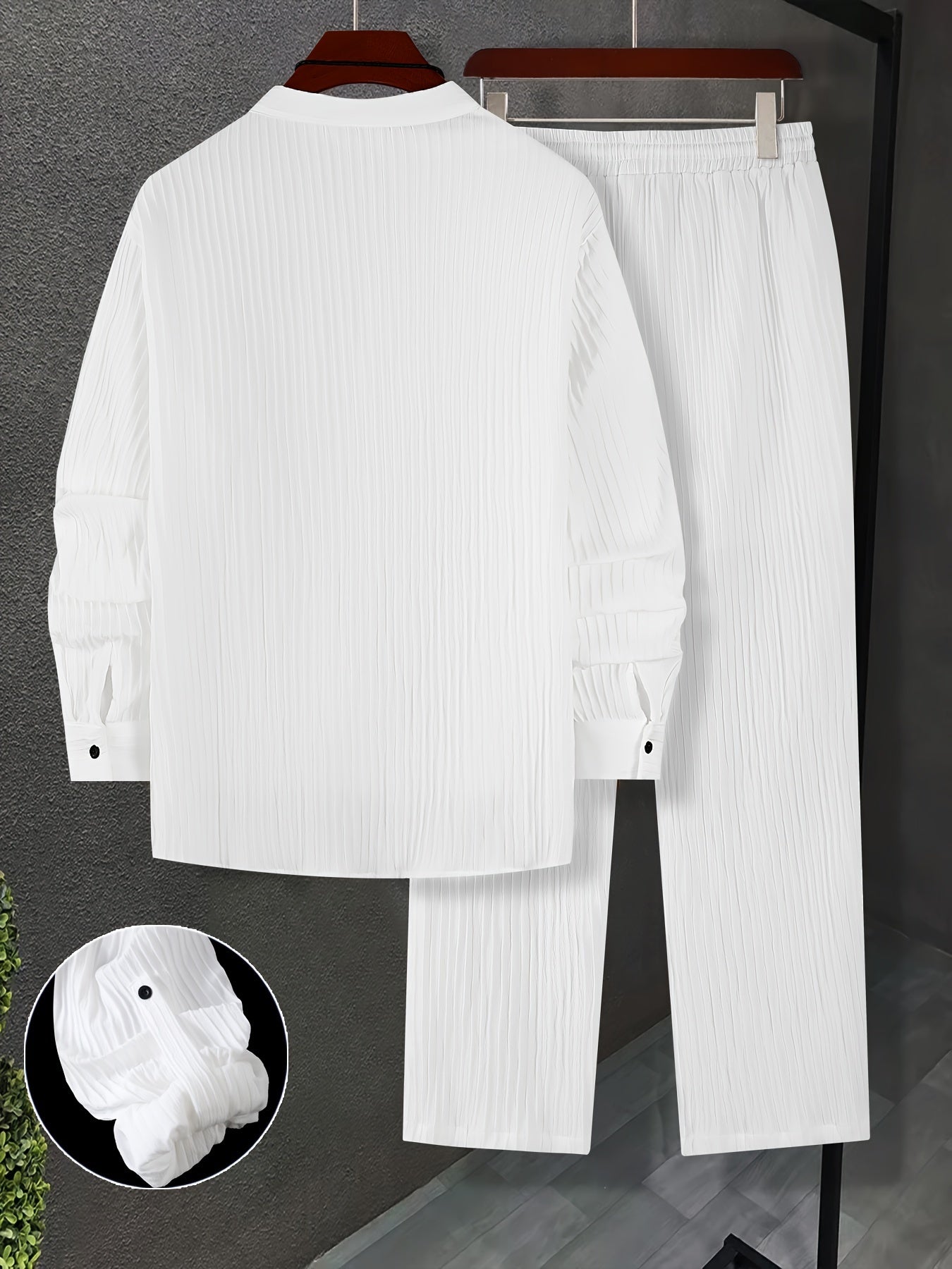 Men's Textured Polyester Sweatsuit Set, Casual Style, Regular Fit, Collared Shirt, Drawstring Pants, Button Details, All-Season Woven Lash Sets