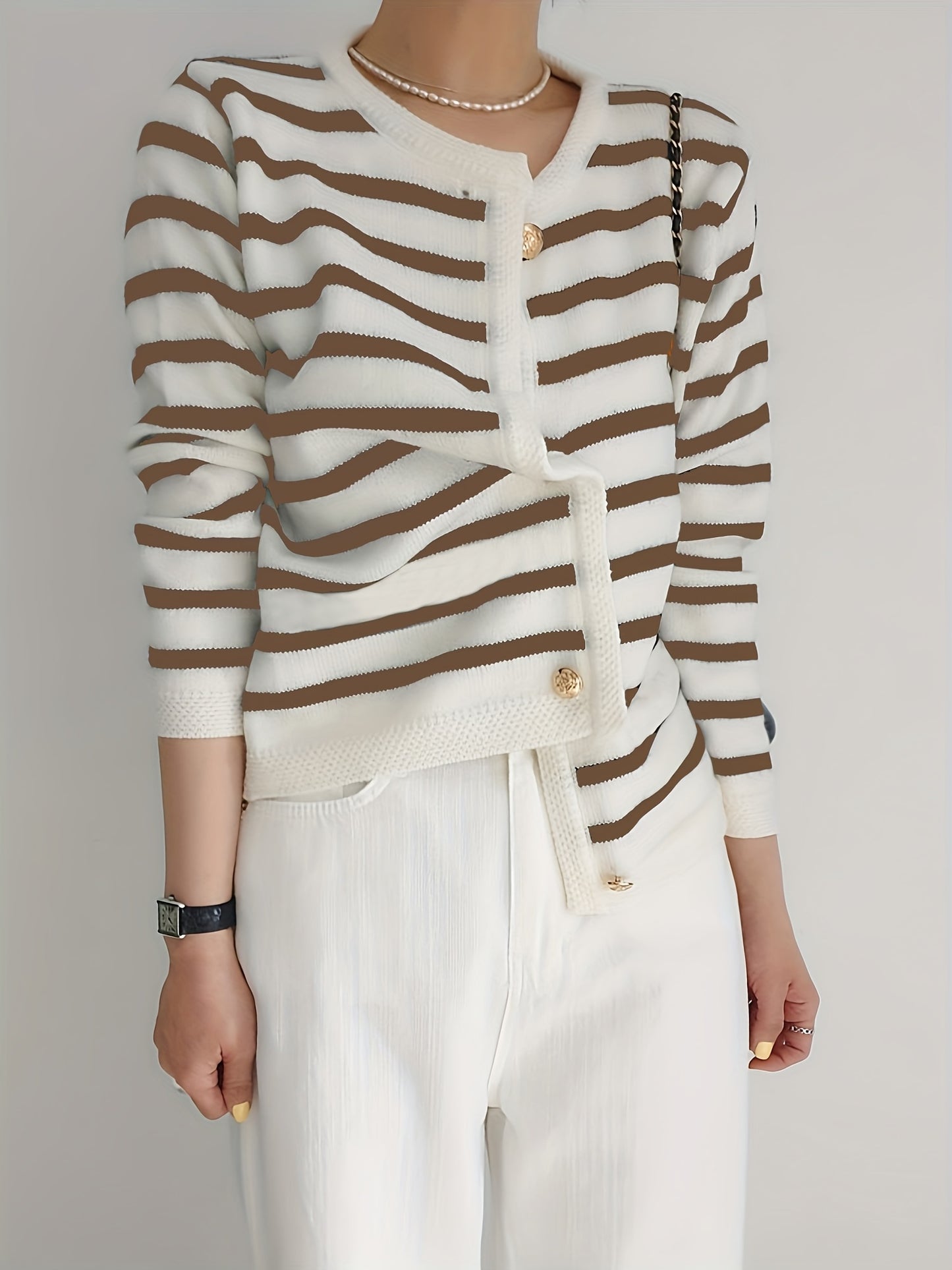 Stylish Striped Knit Cardigan for Women, ideal for Fall layering with button front and long sleeves. Made from high-stretch fabric.