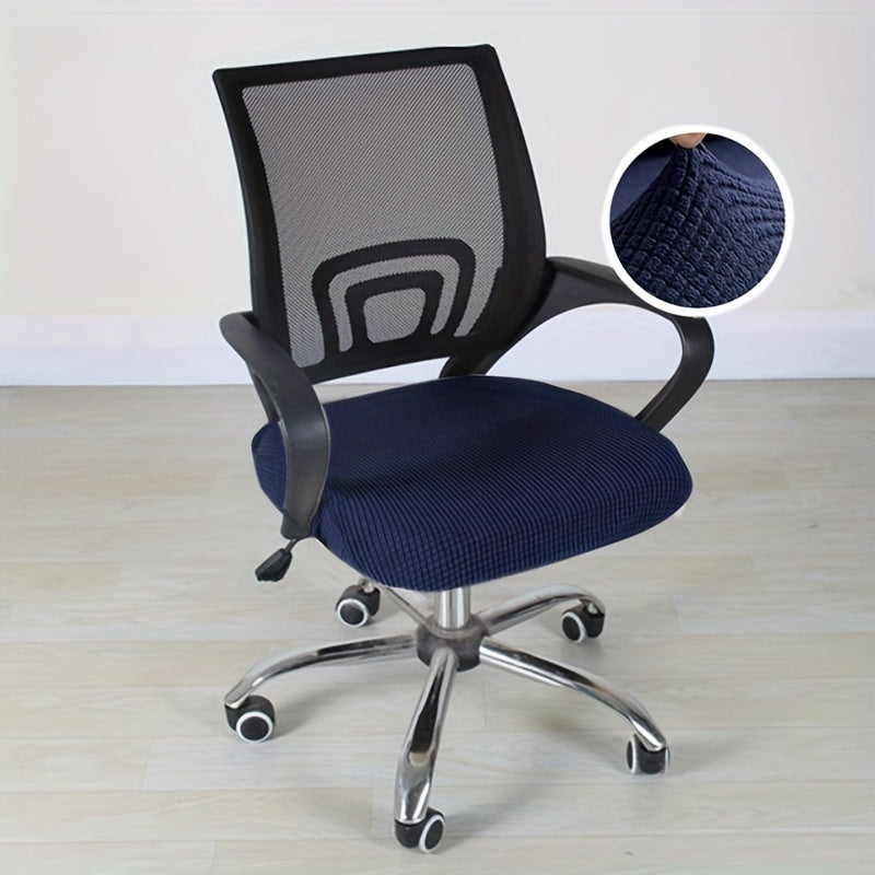 Modern elastic office chair protector made of polyester and spandex. Features non-slip box cushion design and machine washable.