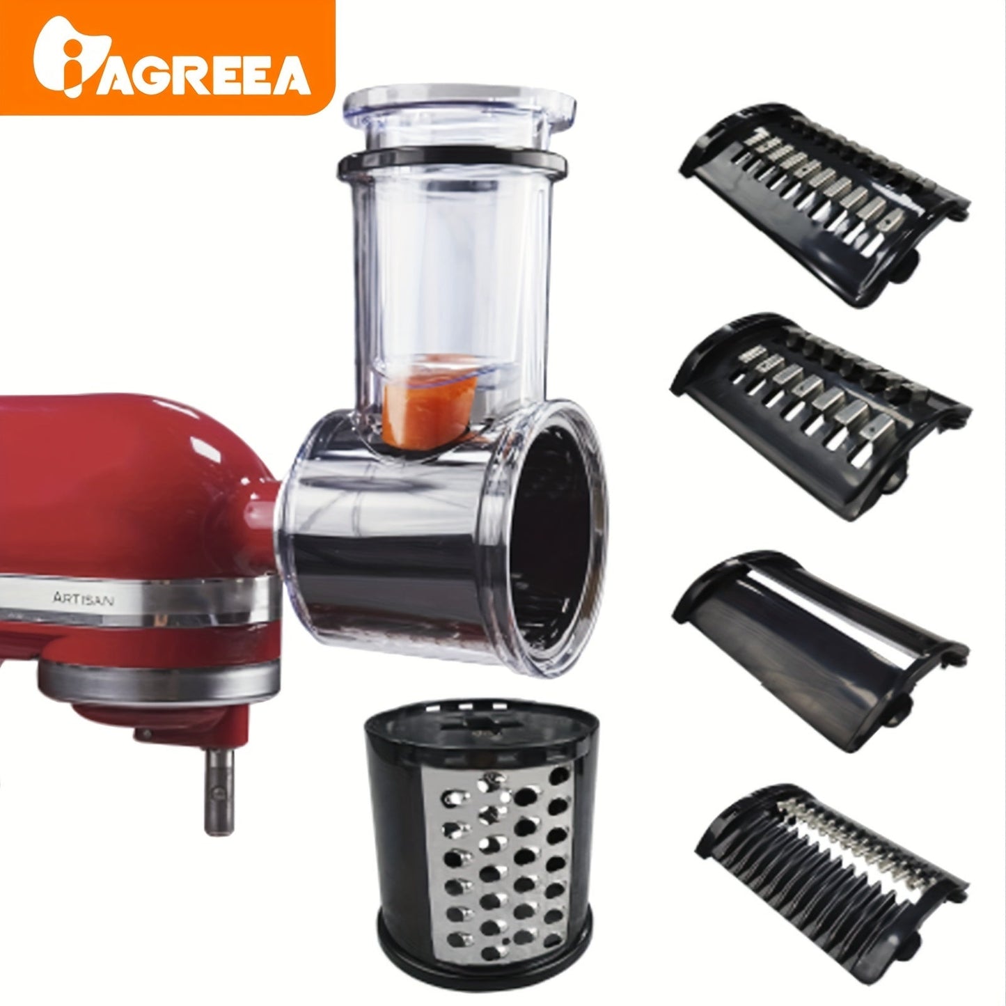 Compact vegetable cutter designed for use with the KitchenAid Fresh Prep Slicer/Shredder and KitchenAid Stand Mixer Slicer-Shredder accessories. This versatile tool can also be used as a cheese grinder and is compatible with various kitchen utensils. It