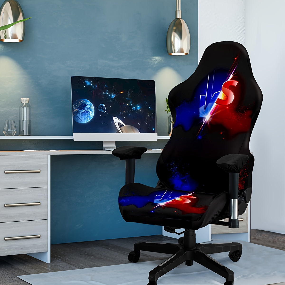 Stretchable and washable gaming chair cover with eclectic skull design, made of premium milk fiber fabric. The one-piece slipcover boasts high elasticity and easy fit, featuring a digital