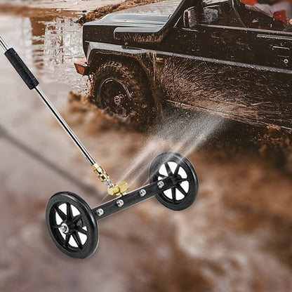 Undercarriage pressure washer with multiple functions, includes 4 nozzles, chassis cleaning brush, and outdoor car floor cleaning tool. Operates manually, no electricity or batteries required.