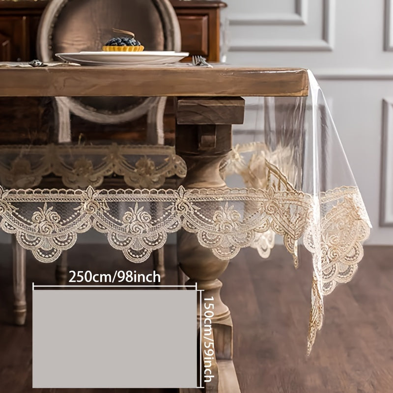 1 piece PVC table cover with non-slip lace border for kitchen, restaurant, party decor, and home use.