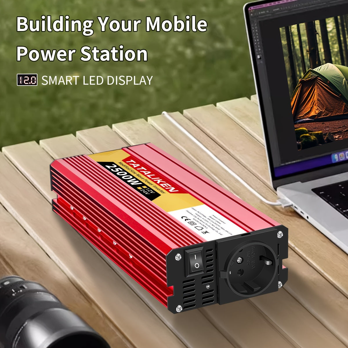 High-power 12V to 220V car inverter with 2500W-600W capacity, ideal for charging phones and tablets.