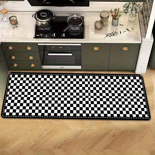 One piece of a black and white plaid pattern vintage soft kitchen rug, designed to be non-slip and resistant to stains. This absorbent floor mat is machine washable and ideal for use as a bedside rug, entrance door mat, or in the living room, laundry