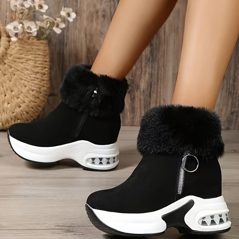 Winter boots for women with fleece lining, cozy and warm, thick sole, side zipper, round toe, mid-heel.