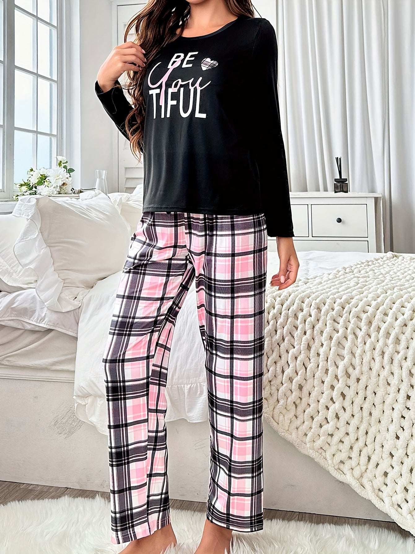 Plaid pajama set for women with cartoon letter print, made of polyester and featuring a crew neck, long sleeves, and pants. Mature style suitable for all seasons, made of 145g/㎡ knit fabric.